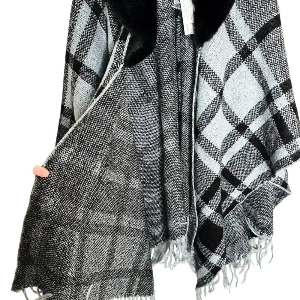 Soft Surroundings Black and Gray Plaid Faux Fur Trim Poncho